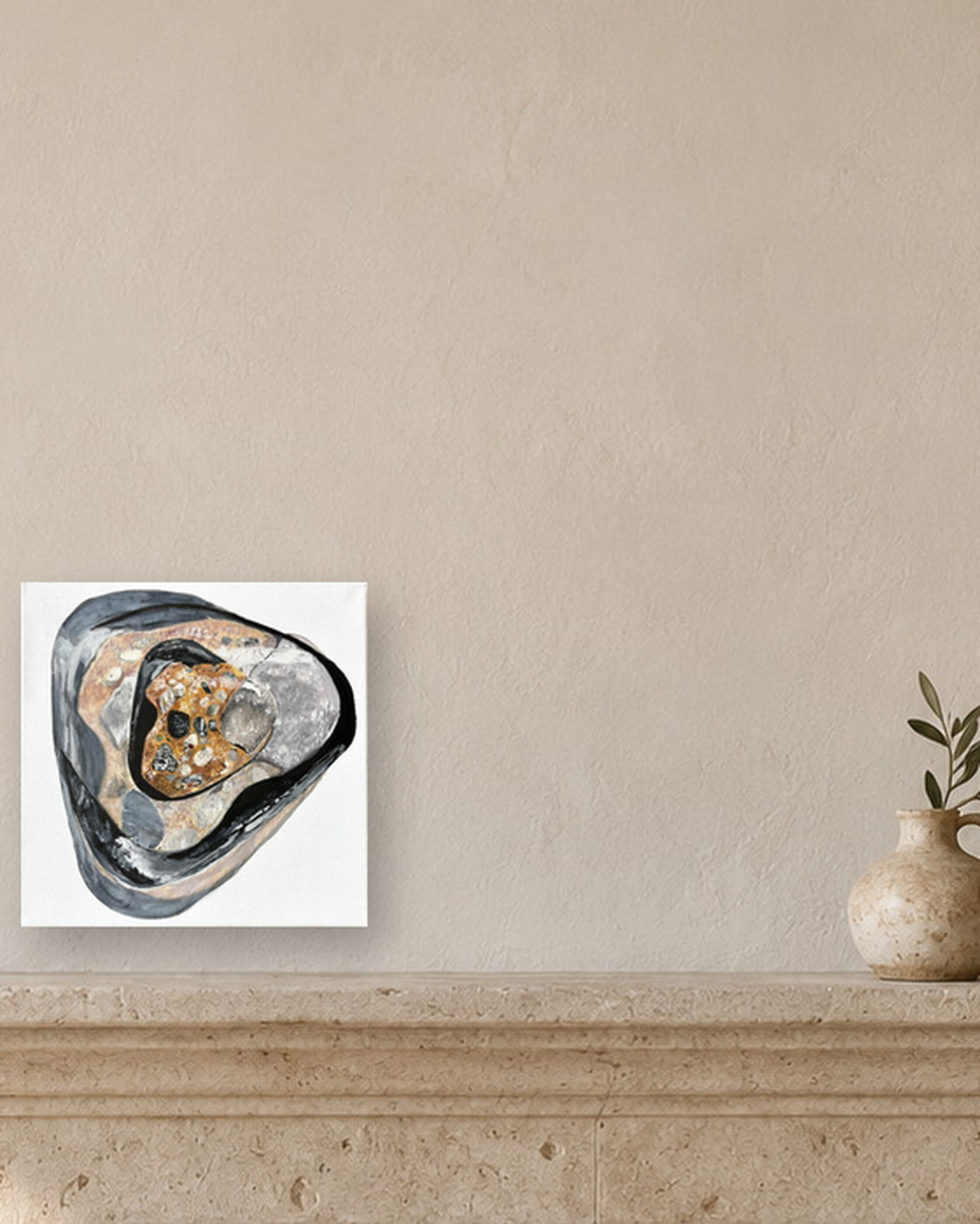 Deconstruction №3, presented above a stone mantel