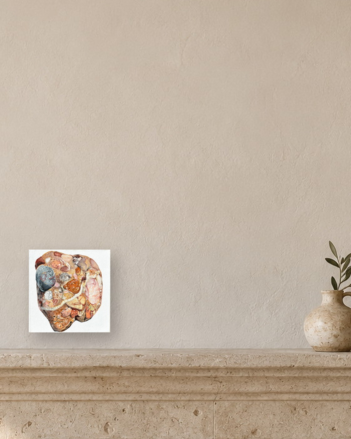 Visual Reconstruction № 2, presented above a stone mantel